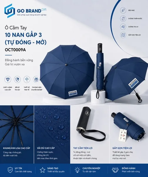 Ô cầm tay 10 nan gấp 3 (tự đóng - mở) OCT0009A