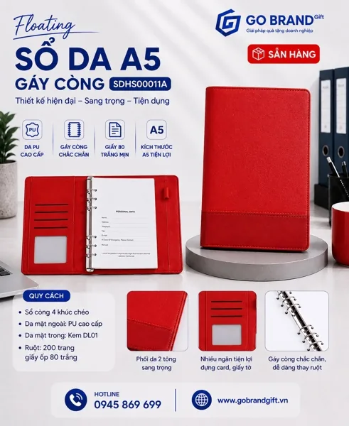 Sổ còng 2 khúc phối da màu đỏ SDHS0011A – ảnh 2