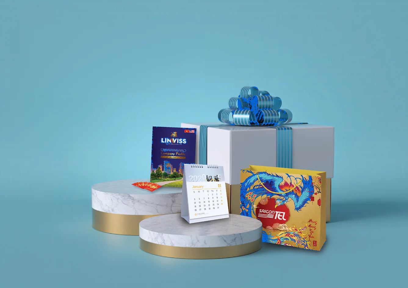 Sản xuất in ấn sản phẩm — sản phẩm Go Brand Gift trên bục trưng bày